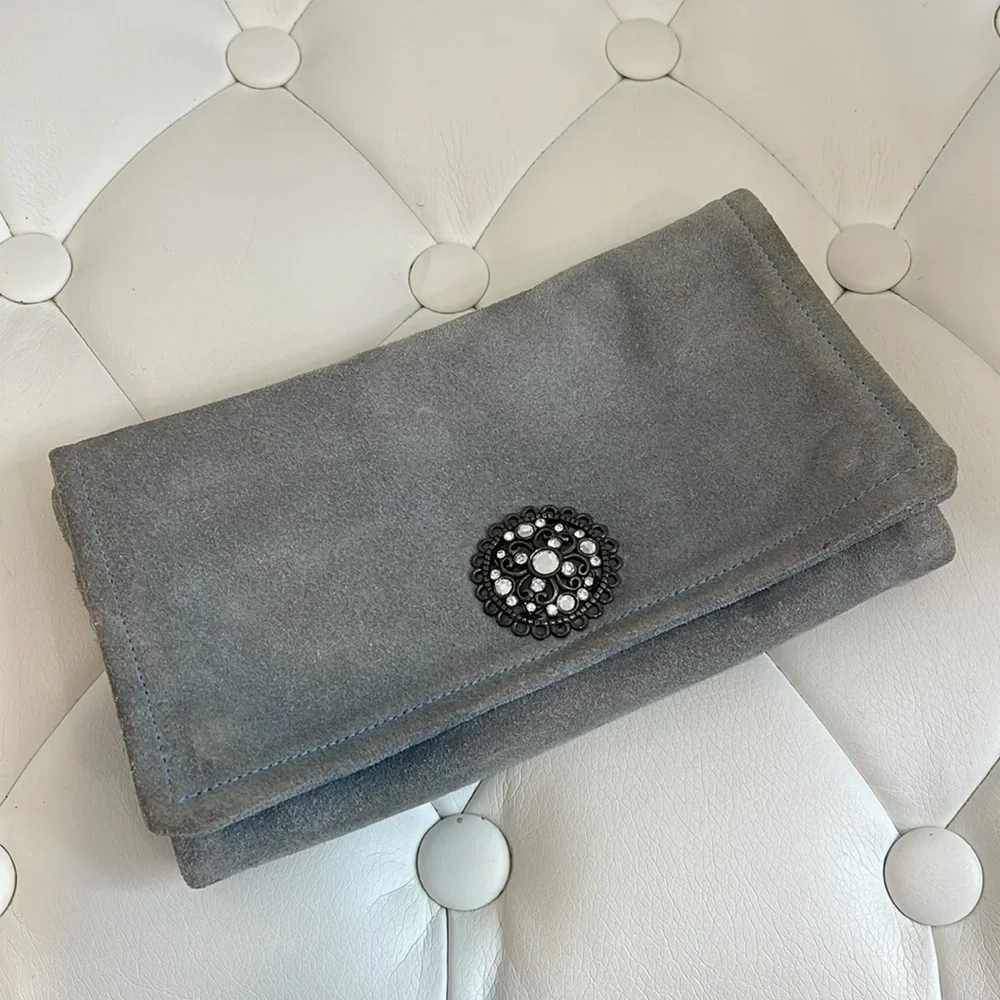 Pale blue clutch with inside zippers and vintage embellishments